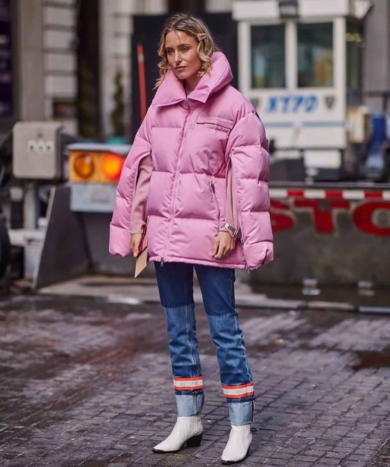 Oversized Pink Puffer with Blue Jeans